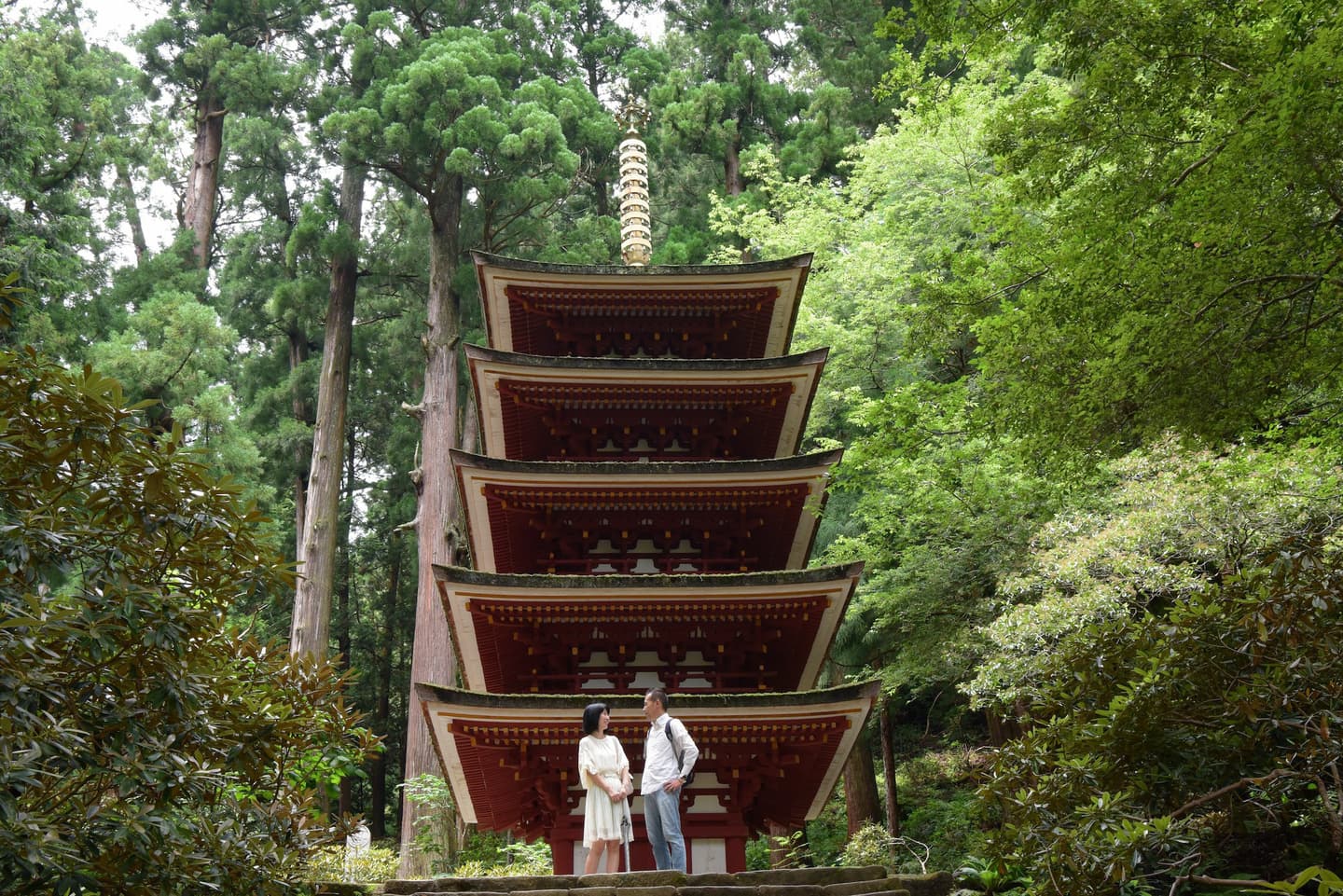 神社の階段に立つ夫婦