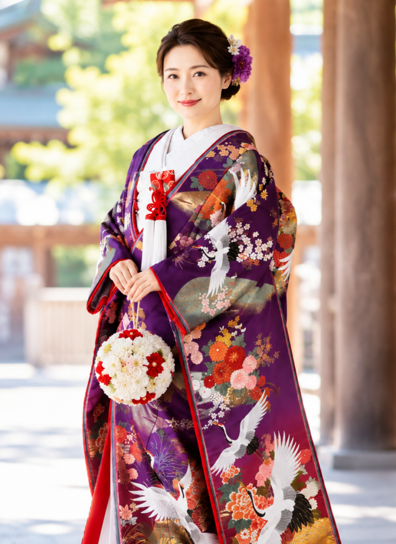 神社で佇む紫の花嫁衣装